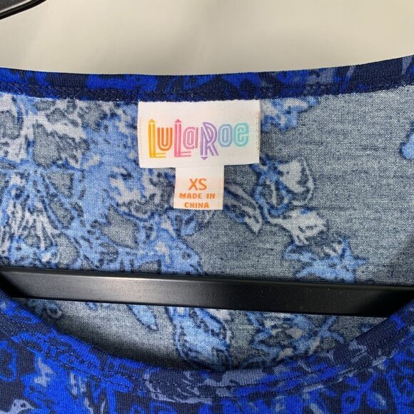 Lularoe Irma Half Sleeve Tunic High Low Polyester Blend Sz XS Blue Floral - Picture 2 of 8